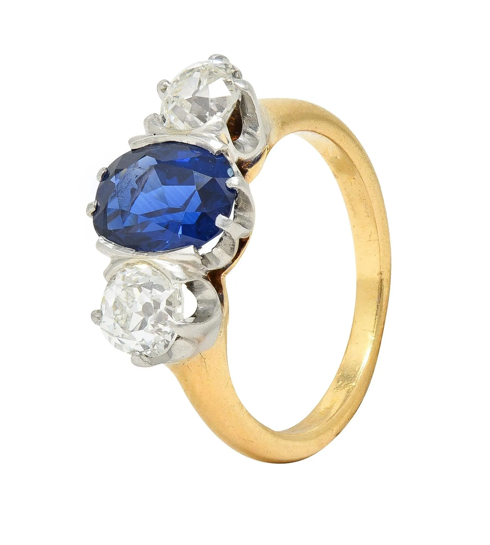 Tiffany & Co. Victorian 2.48 CTW No Heat Sapphire Diamond Platinum 18 Karat Gold Antique Three Stone Ring GIA