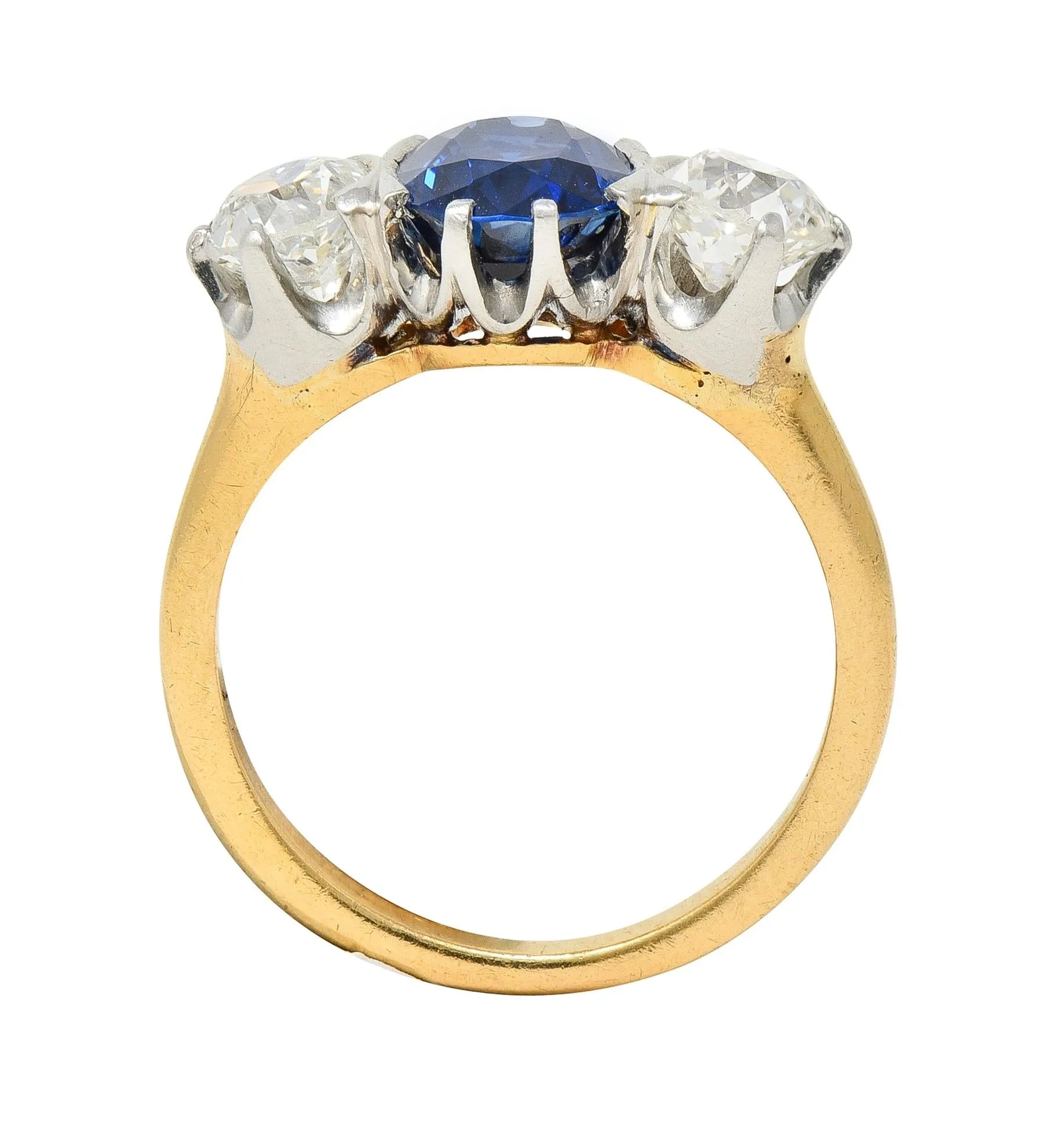 Tiffany & Co. Victorian 2.48 CTW No Heat Sapphire Diamond Platinum 18 Karat Gold Antique Three Stone Ring GIA