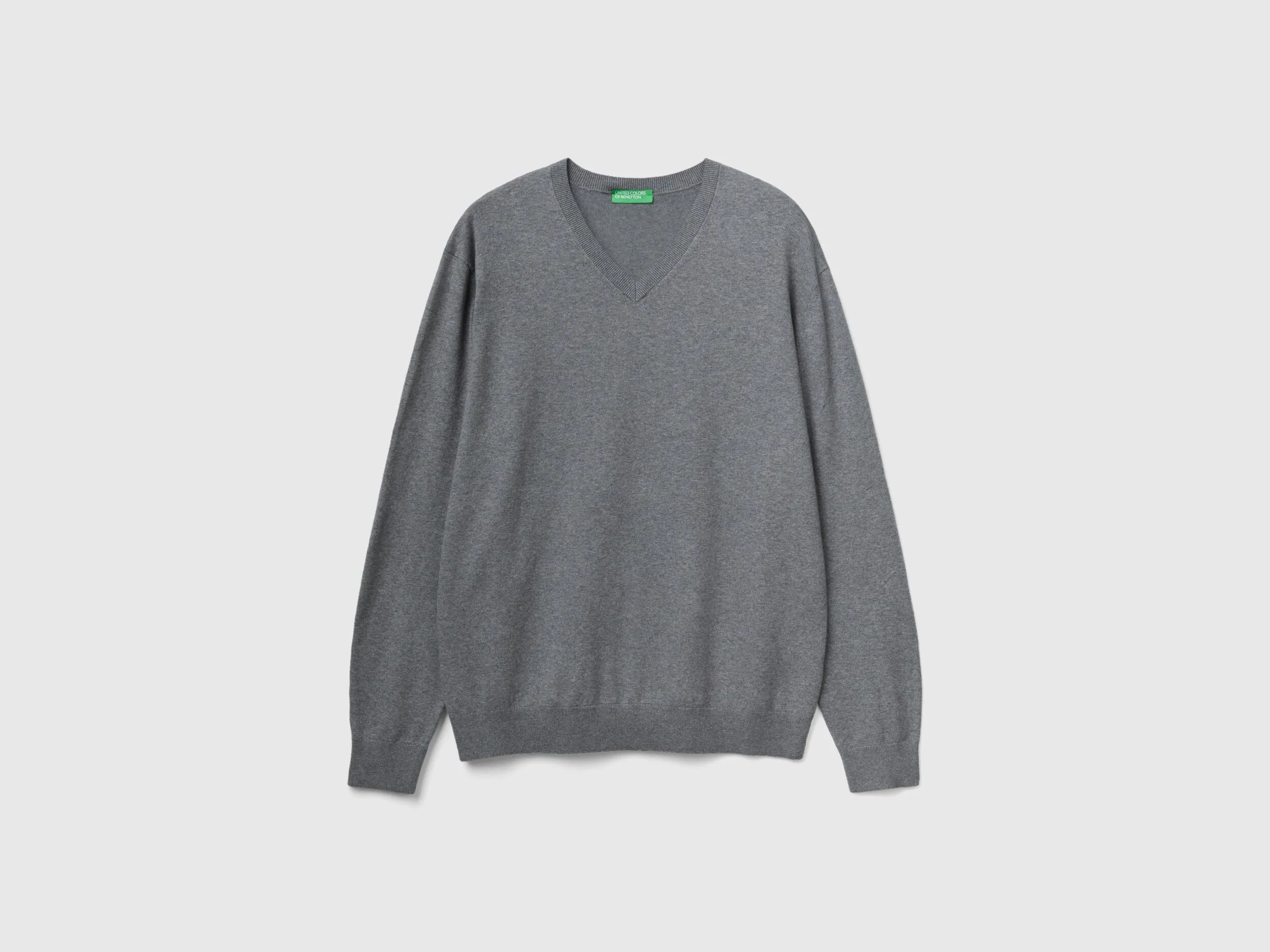 V-neck sweater in lightweight cotton blend - Dark Gray | Benetton