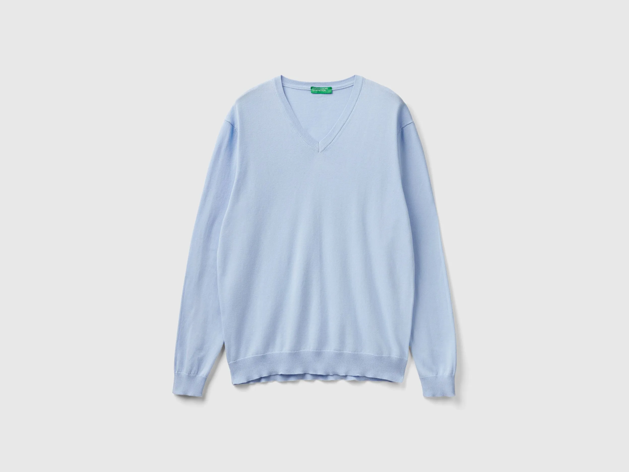 V-neck sweater in pure cotton - Sky Blue | Benetton