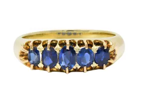 Victorian Antique Sapphire 14 Karat Yellow Gold Five Stone Foliate Band Ring