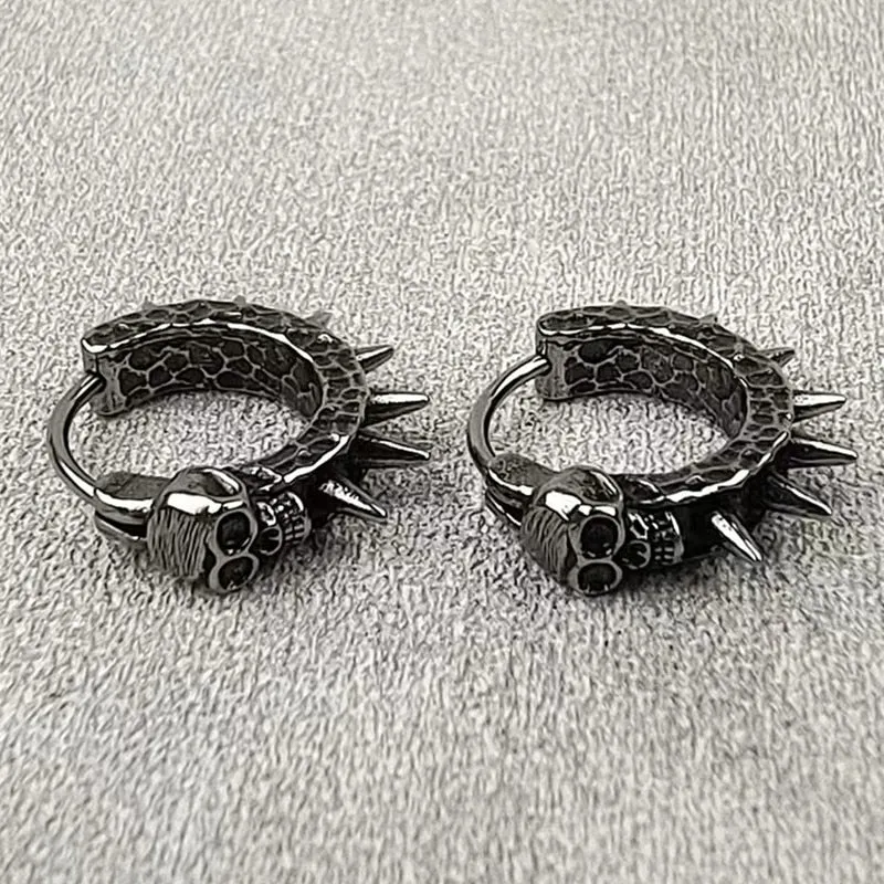 Vintage Black Skull Awl Round Earrings - Gothic Biker Punk Hip Hop Rock Jewelry