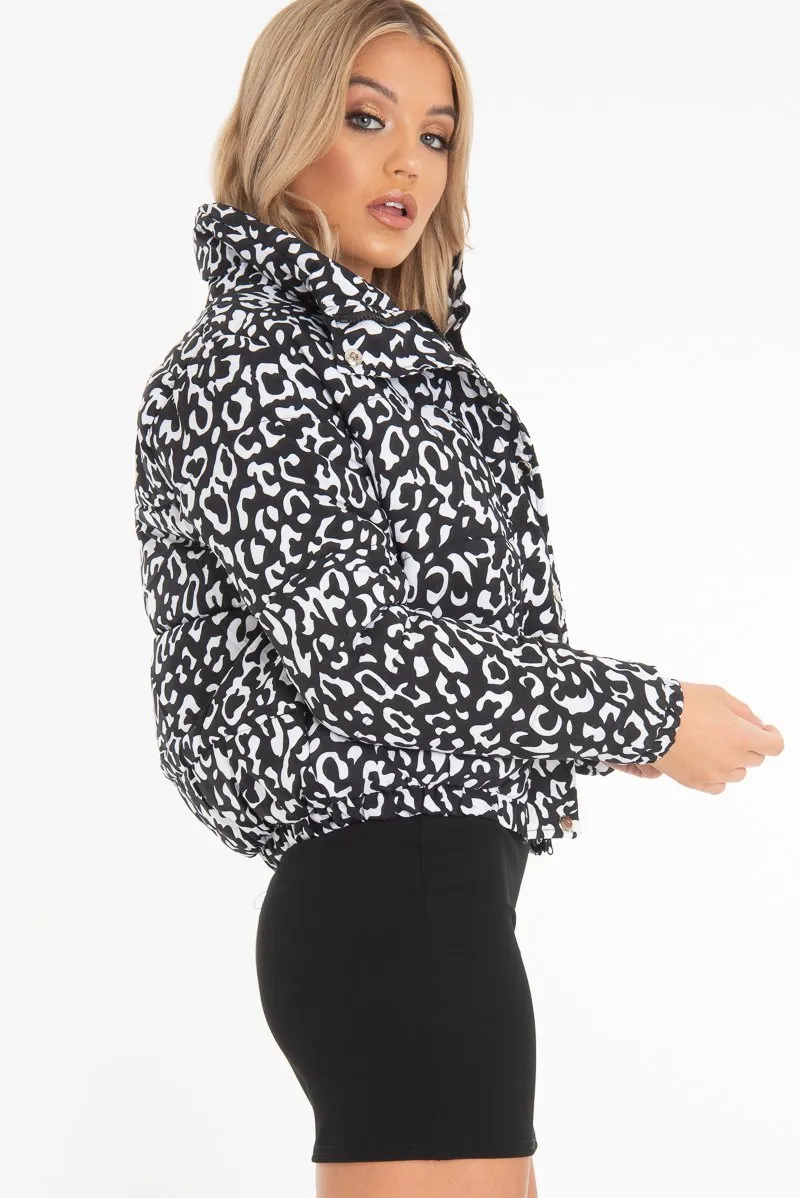 White Leopard Print Zip Front Puffer Coat - Lidya