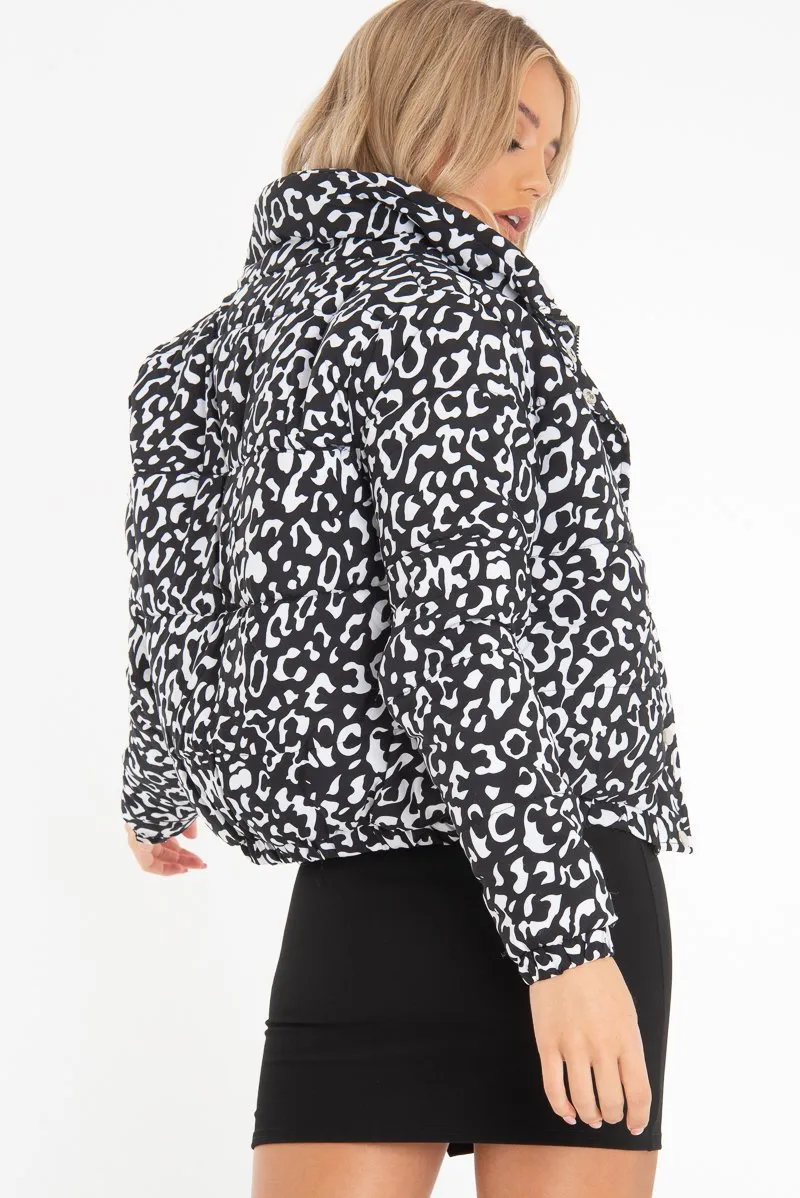 White Leopard Print Zip Front Puffer Coat - Lidya