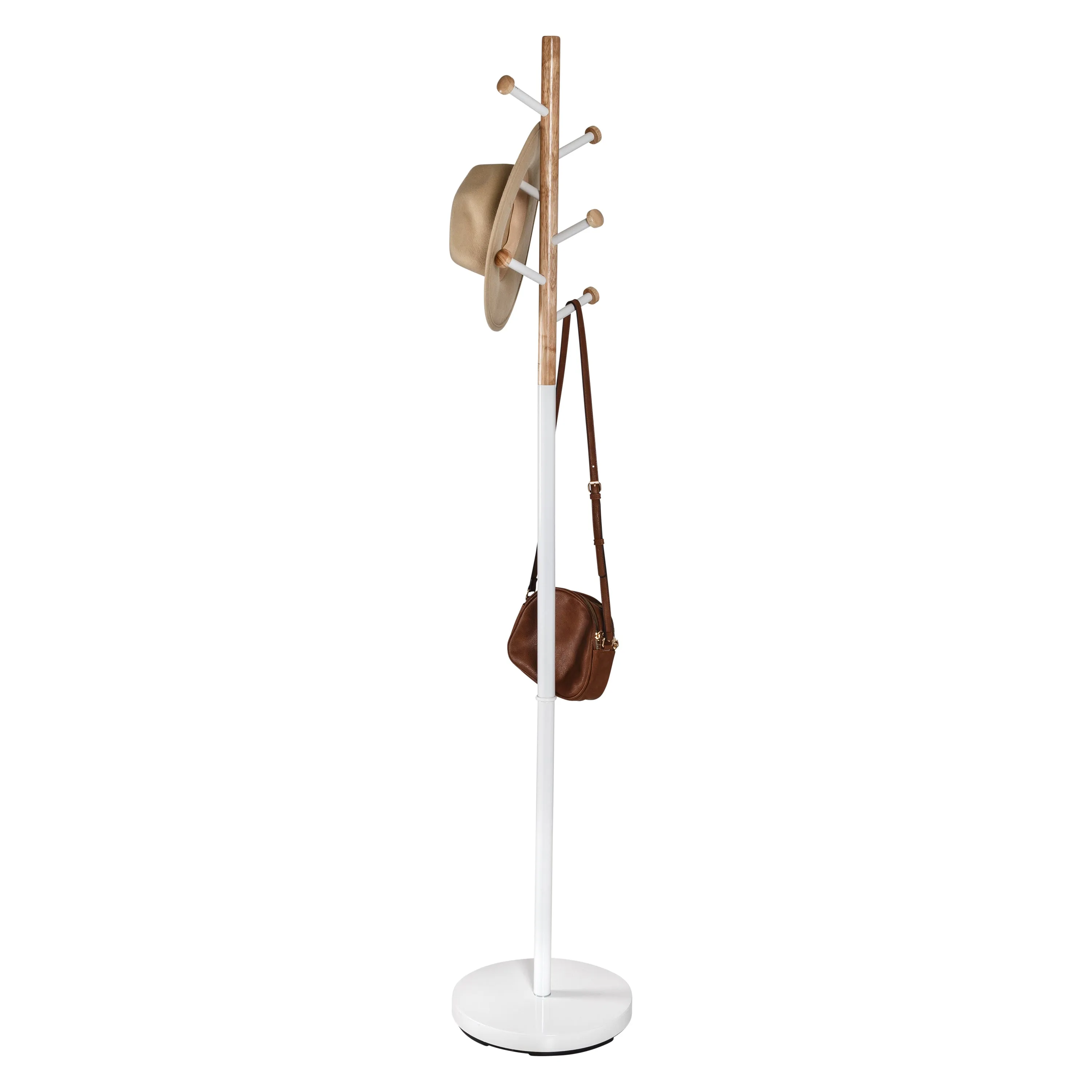 White/Natural Freestanding Modern Coat Rack with 6 Hooks