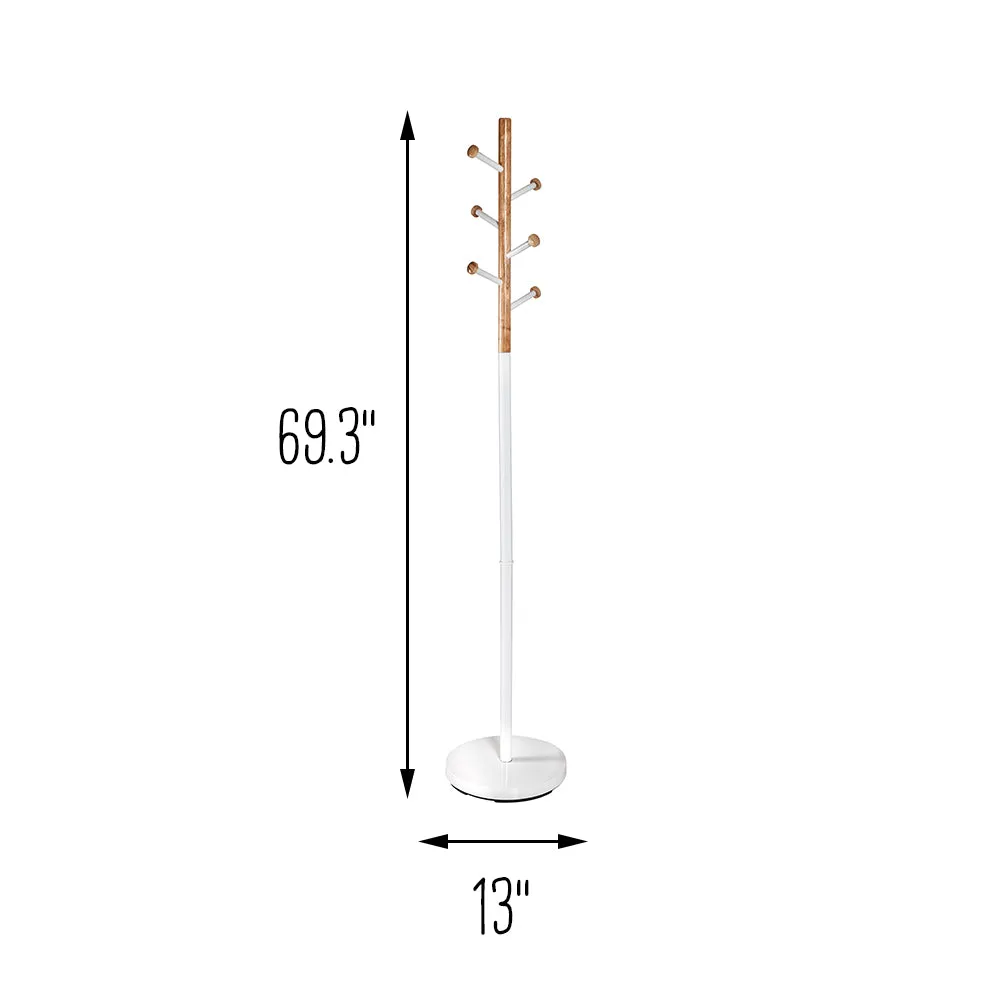 White/Natural Freestanding Modern Coat Rack with 6 Hooks