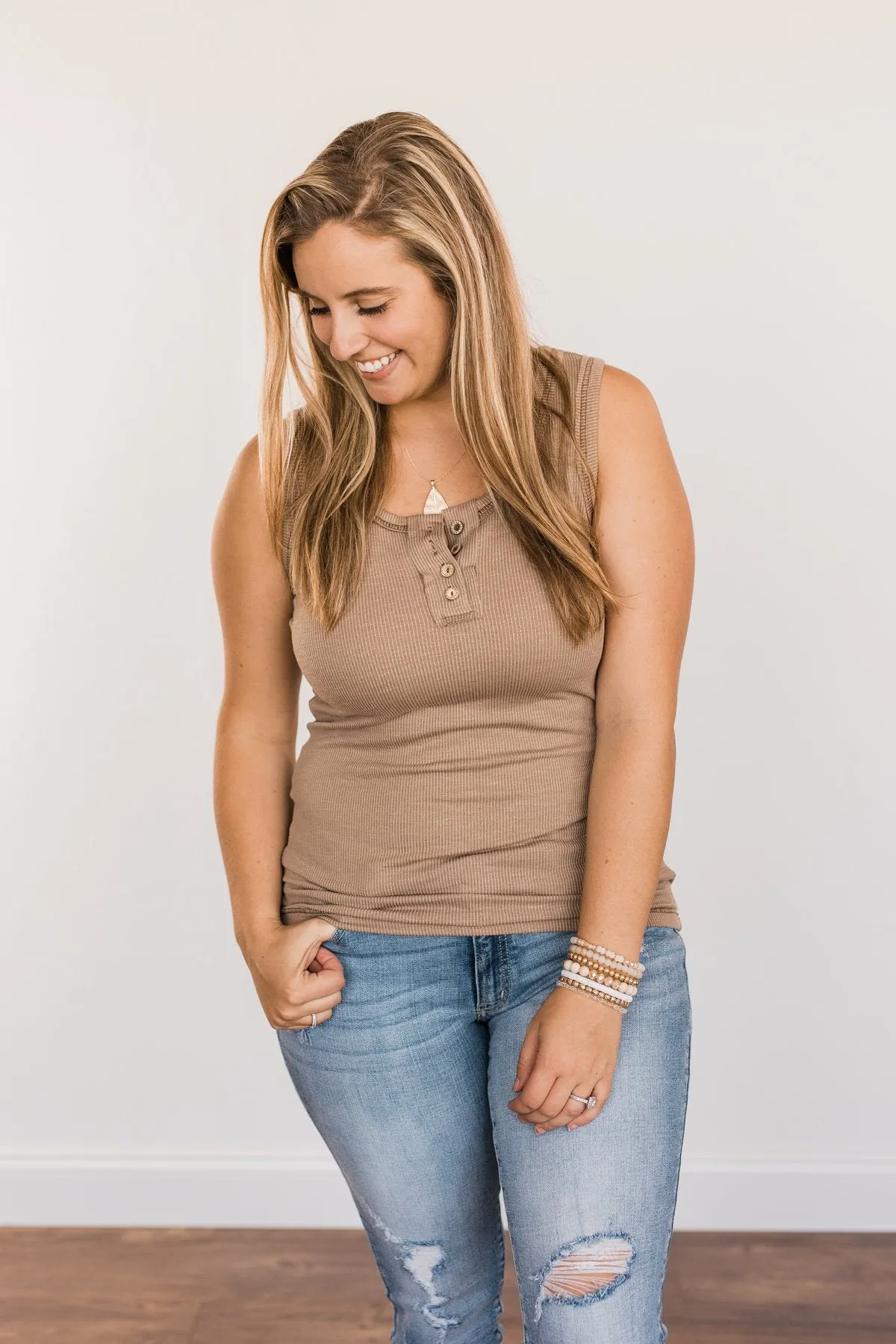 Wishful Thinking Button Henley Tank Top- Mocha