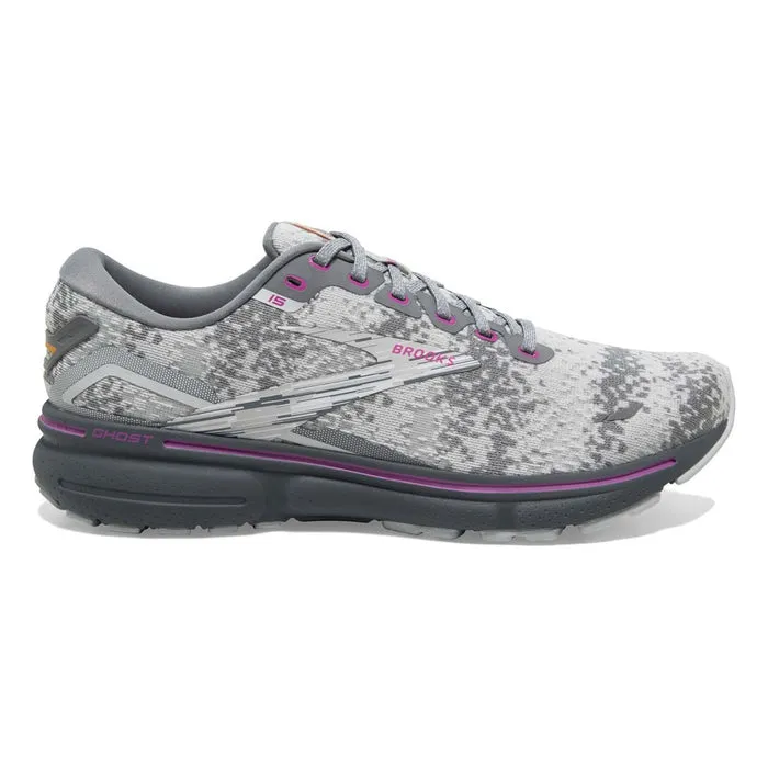 Women's Brooks Ghost 15, White/Oyster/Oriole, 8 B Medium