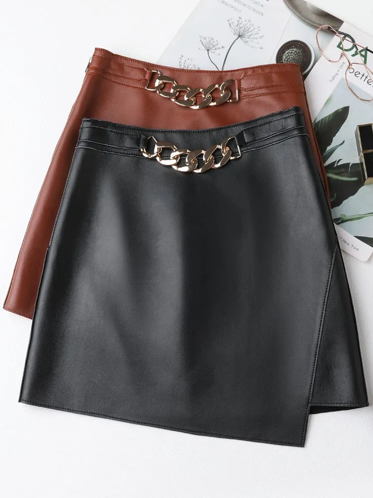 Women's Casual Loose Fit Genuine Leather High Waist Mini Skirt