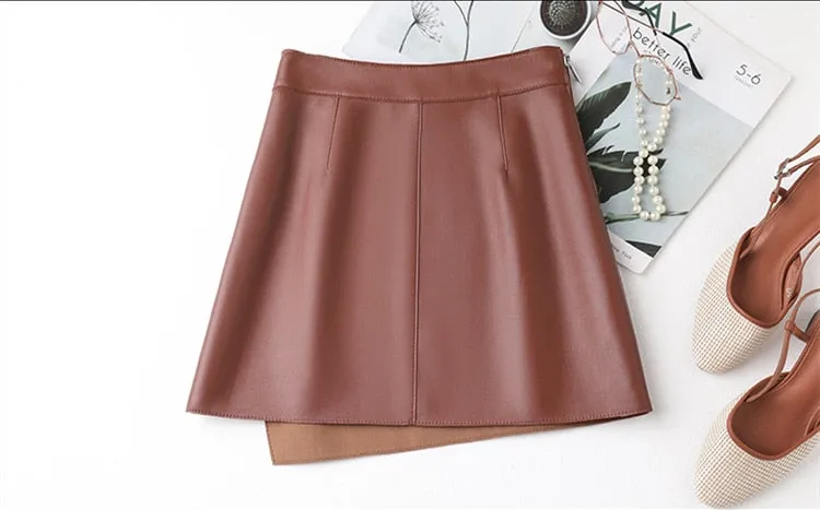 Women's Casual Loose Fit Genuine Leather High Waist Mini Skirt