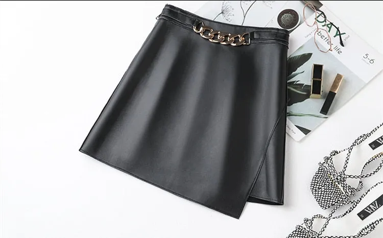 Women's Casual Loose Fit Genuine Leather High Waist Mini Skirt