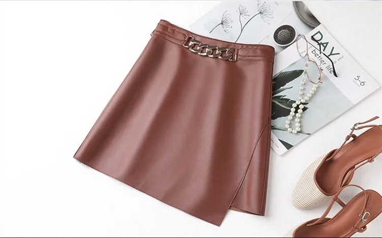 Women's Casual Loose Fit Genuine Leather High Waist Mini Skirt