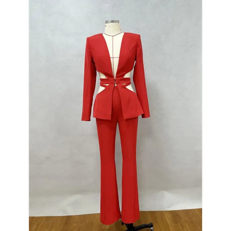 Women's Hollow Out Deep V Neck Long Sleeves Blazer Wide Leg Pants 2pc Suit