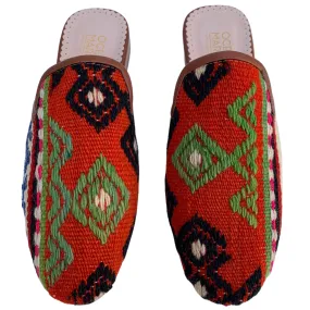 Women's Turkish Kilim Mules | Orange with Light Green